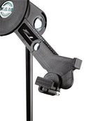 K&M 19790 Tablet PC Stand Holder, Black, Height 128-232 mm, To Be Screwed on to 3/8" Threaded Bolts, Freely Rotates 90°, Plastic