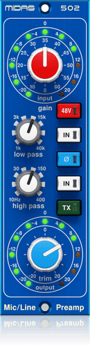 Midas MICROPHONE PREAMPLIFIER 502 V2 500 Series Modular Midas Microphone Preamplifier with Classic XL4 Filters